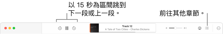 Apple Books 中的有聲書播放器從左到右顯示「播放速度」按鈕、「跳到下一段」、「暫停」和「跳到上一段」按鈕、目前播放中有聲書的書名和作者、「音量」滑桿、AirPlay 按鈕、「目錄」按鈕和「更多」按鈕。
