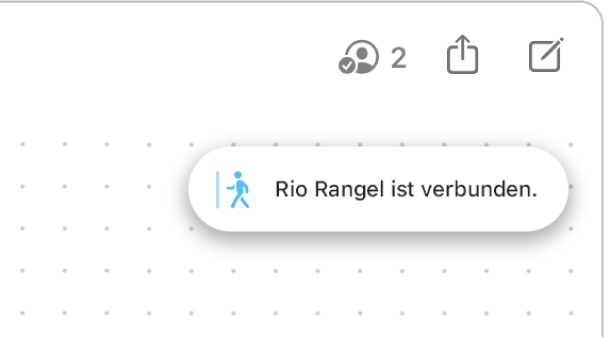 Die obere rechte Ecke eines Freeform-Boards. Die Mitteilung zeigt an, wenn ein:e Teilnehmer:in beigetreten ist.