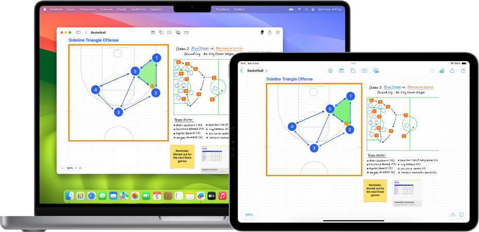 Η εφαρμογή Freeform είναι ανοιχτή σε ένα Mac στα αριστερά και ο ίδιος πίνακας εμφανίζεται σε ένα iPad στα δεξιά.