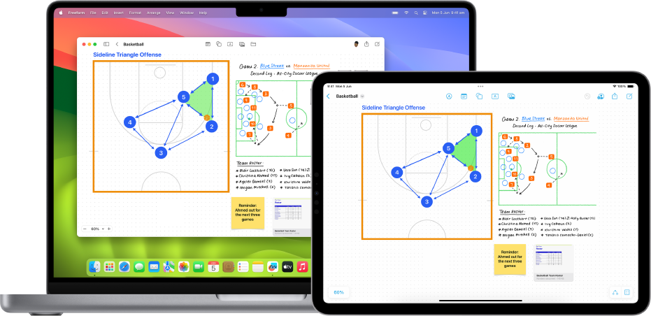 The Freeform app open on a Mac on the left and the same board showing on an iPad on the right.