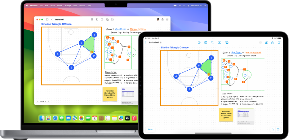 The Freeform app open on a Mac on the left and the same board showing on an iPad on the right.