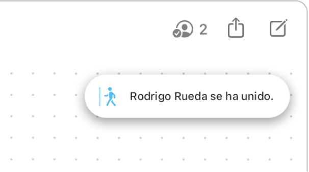 La esquina superior derecha de una pizarra de Freeform. La notificación muestra cuándo se ha conectado un participante.