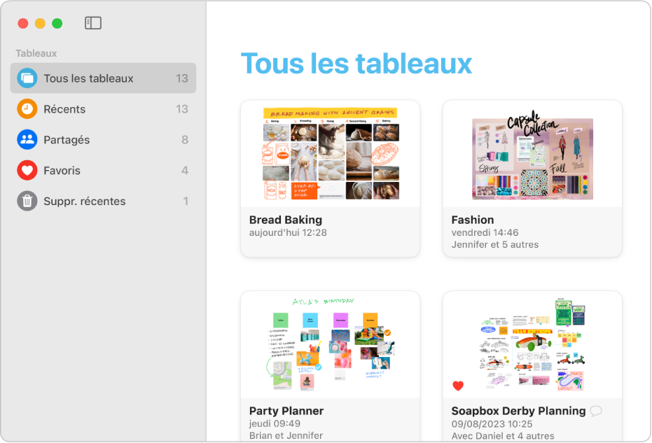 App Freeform avec l’option « Tous les tableaux ».