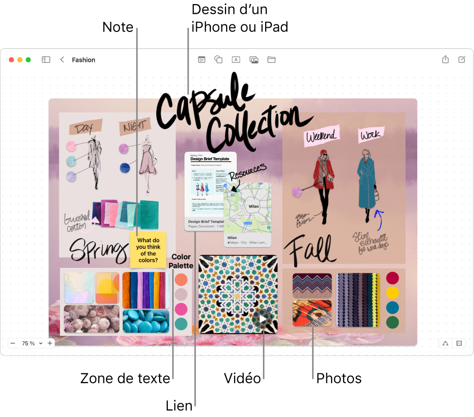 Un tableau Freeform contenant différents éléments, comme un dessin provenant d’un iPhone ou iPad, une note, un lien, une zone de texte, une vidéo et plusieurs photos.