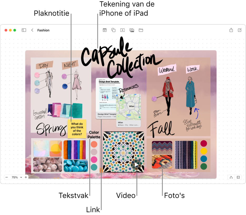 Een Freeform-bord met verschillende onderdelen, zoals een tekening van een iPhone of iPad, een plaknotitie, een link, een tekstvak, een video en een aantal foto's.