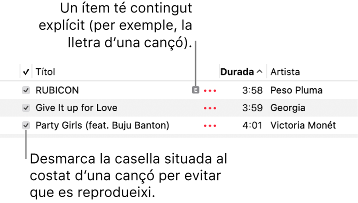 Detall de la llista de cançons a l’app Música amb les caselles de selecció i un símbol d’explícit a la primera cançó (aquest símbol indica que té contingut explícit, que pot ser la lletra de la cançó). Desmarca la casella que hi ha al costat d’una cançó perquè no es reprodueixi.
