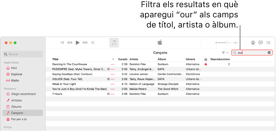 La finestra de l’Apple Music amb la llista de cançons que apareixen quan s’introdueix “amor” al camp del filtre que hi ha a l’angle superior dret. Les cançons de la llista tenen la paraula "amor" al títol o al nom de l’artista o al nom de l’àlbum.