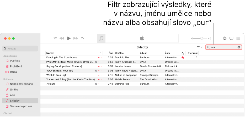 Okno Apple Music se seznamem skladeb, které se zobrazí, když se do pole filtru v pravém horním rohu zadá slovo „love“. Skladby v seznamu obsahují slovo „love“ v názvu skladby, jménu umělce nebo názvu alba.