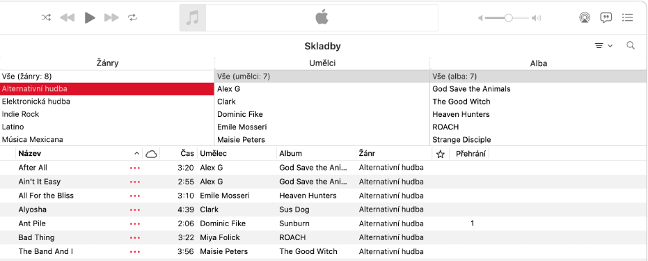 Hlavní okno aplikace Hudba. sloupcový prohlížeč se nachází nad seznamem skladeb, vpravo od bočního panelu.