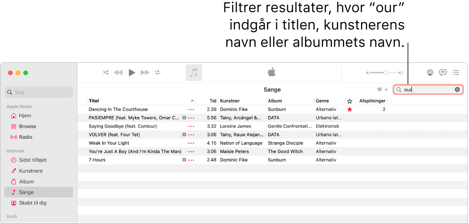 Vinduet Apple Music, der viser en liste med sange, som vises, når “love” skrives i filterfeltet i øverste højre hjørne. Sangene på listen indeholder ordet “love” i titlen, kunstnernavnet eller albumnavnet.