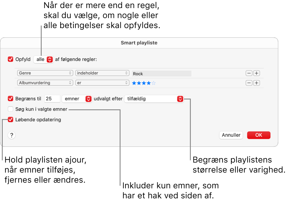 Vinduet Smart playliste: I det øverste venstre hjørne skal du vælge Opfyld og derefter angive kriterierne for playlisten (f.eks. genre eller vurdering). Fortsæt med at tilføje eller fjerne regler ved at klikke på knappen Tilføj eller Fjern i det øverste højre hjørne. Vælg forskellige indstillinger i den nederste del af vinduet – f.eks. begrænsning af størrelsen på eller varigheden af playlisten, medtag kun valgte sange eller at Musik skal opdatere playlisten, når emner i biblioteket ændres.