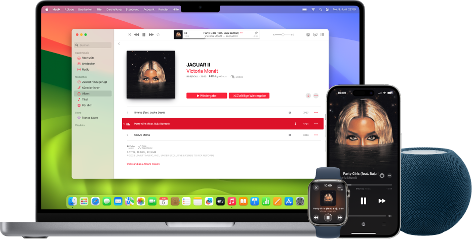 Ein Musiktitel, der auf einem Mac, einem iPhone, einer Apple Watch und einem HomePod abgespielt wird.