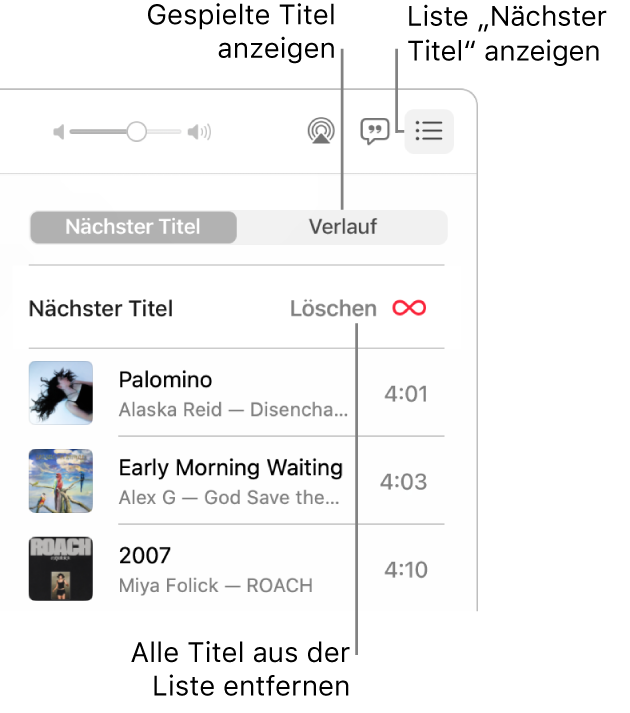 Die rechte obere Ecke des Fensters „Musik“ mit der Taste „Nächster Titel“ im Banner, mit der die Liste „Nächster Titel“ geöffnet wurde. Klicke auf den Link „Verlauf“, um die zuletzt abgespielten Titel anzuzeigen. Klicke auf den Link „Löschen“, um alle Titel aus der Liste zu entfernen.