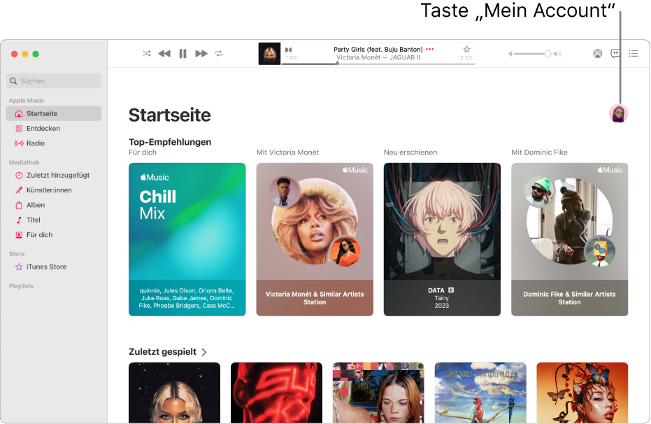Das Fenster der App „Apple Music“ zeigt den Bildschirm der Startseite. Die Taste „Mein Account“ (sie sieht aus wie ein Foto oder ein Monogramm) oben rechts im Fenster.