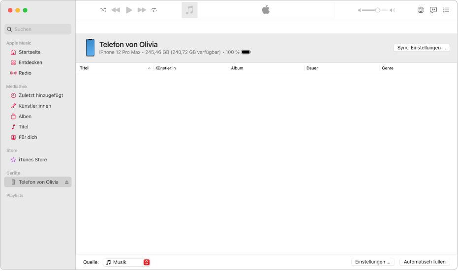 Das Musik-Fenster mit einem Gerät (iPhone von Julia) in der Seitenleiste. Die Taste „Einstellungen synchronisieren“ oben rechts öffnet den Finder.
