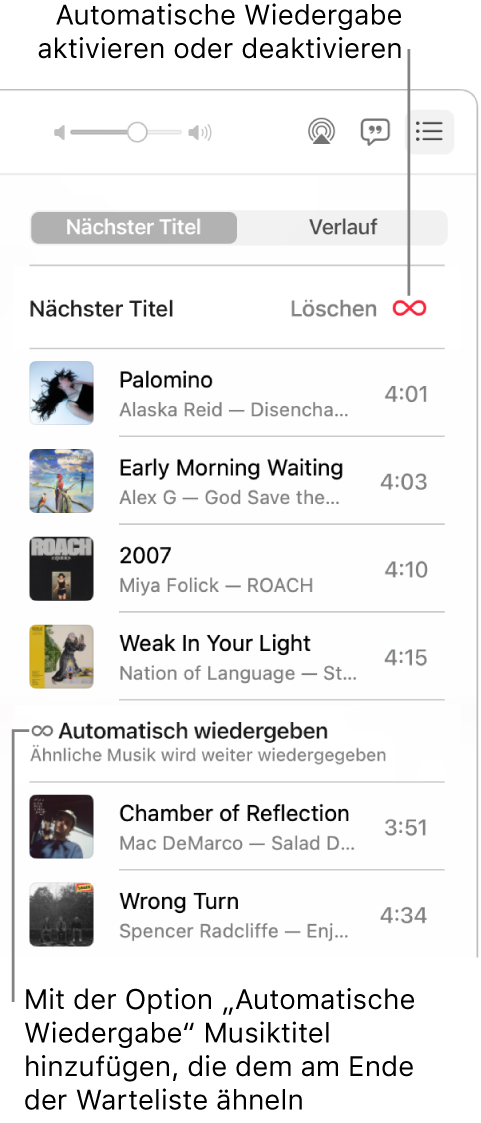 Die Liste „Nächster Titel“. Klicke auf die Taste „Automatisch wiedergeben“, um sie zu aktivieren oder deaktivieren. Wenn „Automatisch wiedergeben“ aktiviert ist, werden am Ende der Liste ähnliche Titel hinzugefügt.