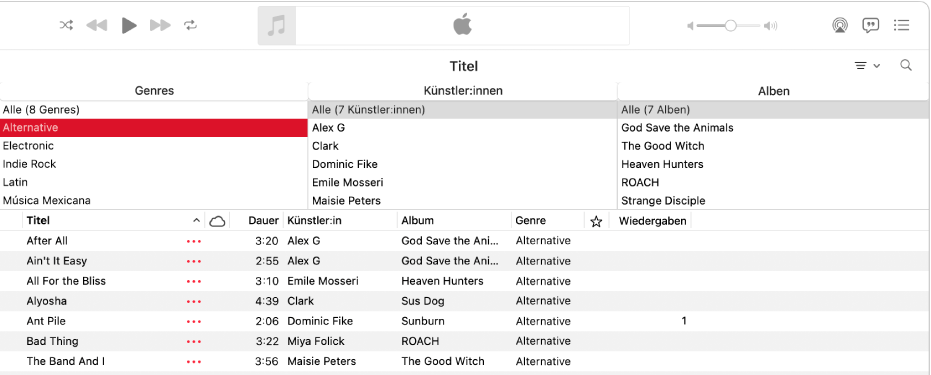 Das Hauptfenster der App „Musik“: der Spaltenbrowser befindet sich rechts neben der Seitenleiste und über der Liste mit den Titeln.