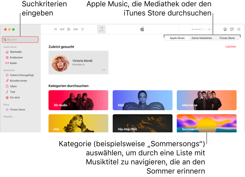 Das Apple Music-Fenster mit dem Suchfeld oben links, der Kategorienliste in der Fenstermitte und den Optionen „Apple Music“, „Deine Mediathek“ und „iTunes Store“ oben rechts. Gib Suchkriterien in das Suchfeld ein und wähle dann aus, ob Apple Music, nur deine Mediathek oder der iTunes Store durchsucht werden soll.