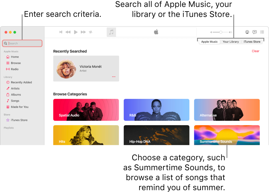 The Apple Music window showing the search field in the top-left corner, the list of categories in the centre of the window and Apple Music, Your Library and iTunes Store available in the top-right corner. Enter search criteria in the search field, then choose to search all of Apple Music, just your library or the iTunes Store.