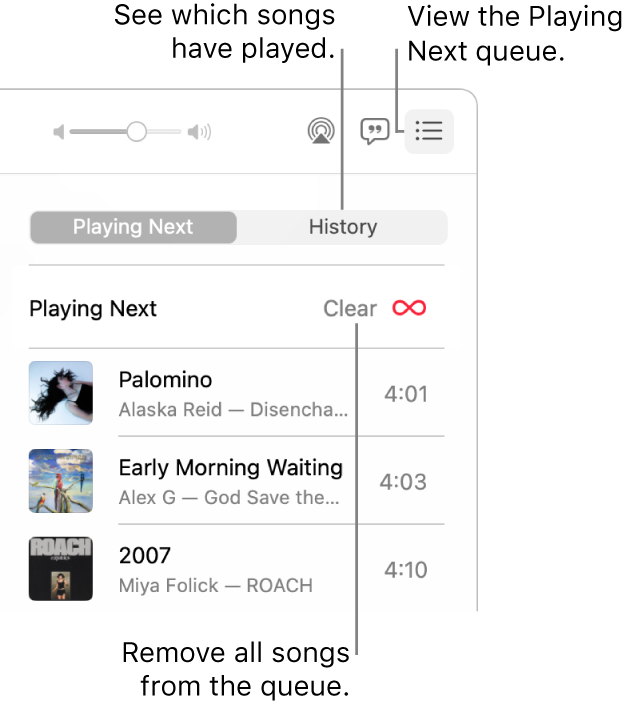 The top-right corner of the Music window with the Playing Next button in the banner showing the Playing Next queue. Click the History link to show the previously played songs. Click the Clear link to remove all songs from the queue.