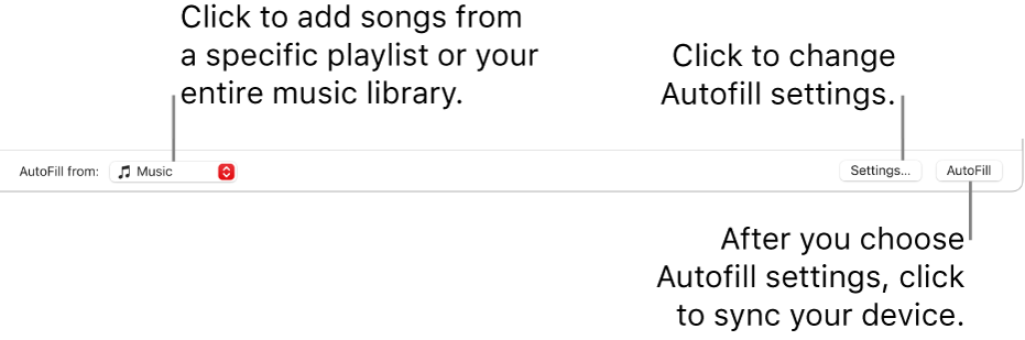 The Autofill options at the bottom of the Music window. At the far left is the Autofill From pop-up menu, where you choose whether to add songs from a playlist or from your entire library. On the far right are two buttons—Settings, to change various Autofill options, and Autofill. When you click Autofill, your device fills with the songs fitting the criteria.