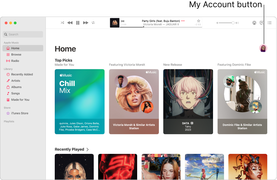 The Apple Music window showing the Home screen. The My Account button (which looks like a photo or monogram) is in the top-right corner of the window.