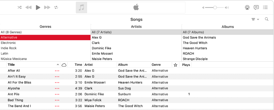 The main Music window: the column browser is to the right of the sidebar and above the list of songs.