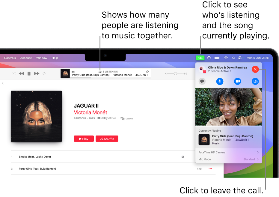 The Apple Music window with a song playing while using SharePlay. The playback window shows how many people are listening to music together. On the right, the SharePlay icon is clicked and you can see who’s listening and the song that’s currently playing. On the right, you can click the Close button.