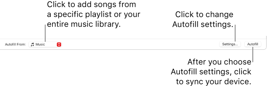 The Autofill options at the bottom of the Music window. At the far left is the Autofill From pop-up menu, where you choose whether to add songs from a playlist or from your entire library. On the far right are two buttons — Settings, to change various Autofill options, and Autofill. When you click Autofill, your device fills with the songs fitting the criteria.