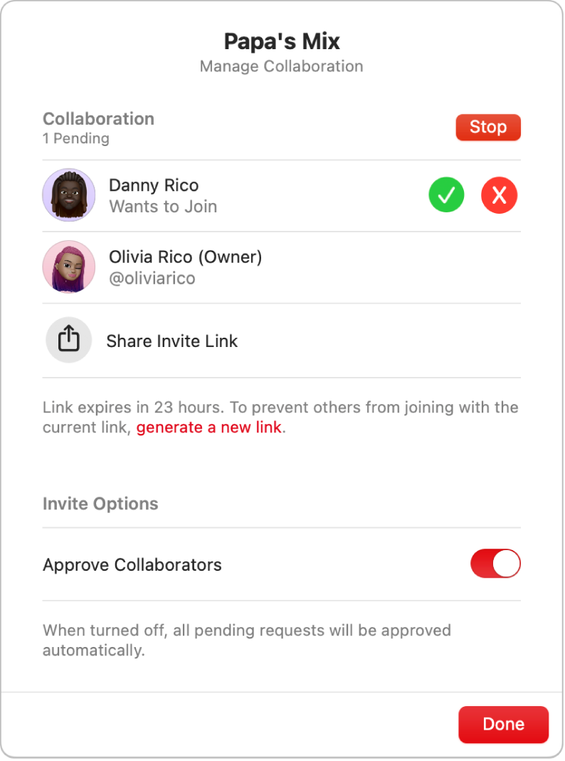 The Manage Collaboration dialog.