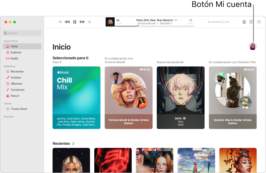 Una ventana de Apple Music mostrando la pantalla Inicio. El botón Mi cuenta (que luce como una foto o un monograma) se encuentra en la esquina superior derecha de la ventana.