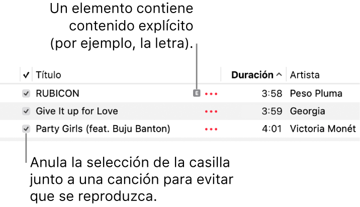 Detalle de la lista de canciones en Música, con las casillas a la izquierda y el símbolo de contenido explícito para la primera canción (que indica que su contenido es explícito, por ejemplo, la letra). Anula la selección junto a una canción para evitar que se reproduzca.