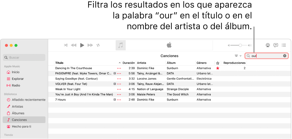 La ventana de Apple Music que muestra la lista de canciones que aparecen cuando se introduce “love” en el campo del filtro de la esquina superior derecha. Las canciones de la lista incluyen la palabra "love" en el título o el nombre del artista o del álbum.