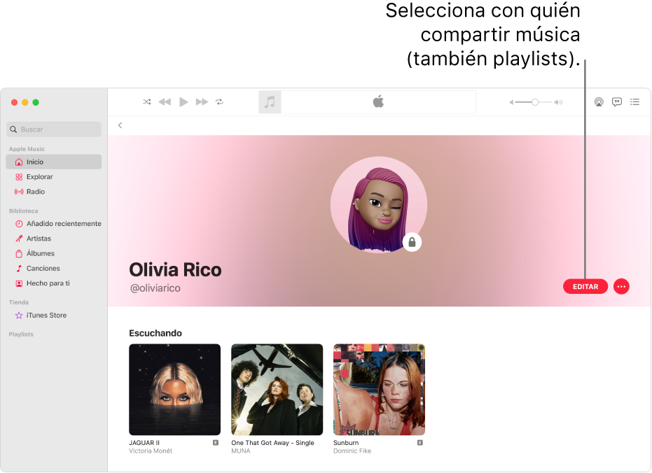 La página de perfil en Apple Music: en el lado derecho de la ventana, haz clic en Edición para seleccionar quién puede seguirte. A la derecha de Edición, haz clic en el botón Más para compartir tu música.