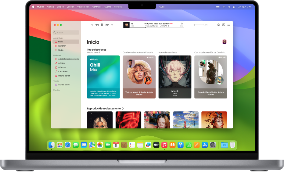 La ventana de Apple Music, mostrando la pantalla de inicio.