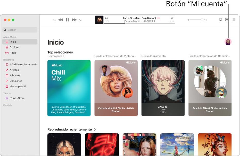 La ventana de Apple Music, mostrando la pantalla de inicio. El botón “Mi cuenta” (que se muestra como una foto o monograma) está en la esquina superior derecha de la ventana.
