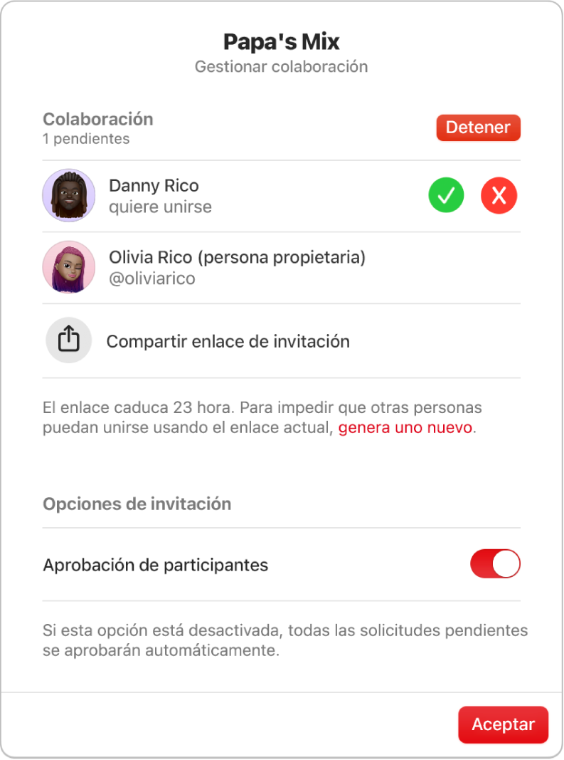 Cuadro de diálogo “Gestionar colaboración”.