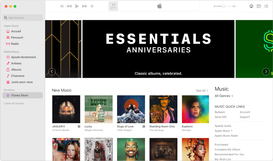 La fenêtre principale de l’iTunes Store : dans la barre latérale, iTunes Store est surligné.