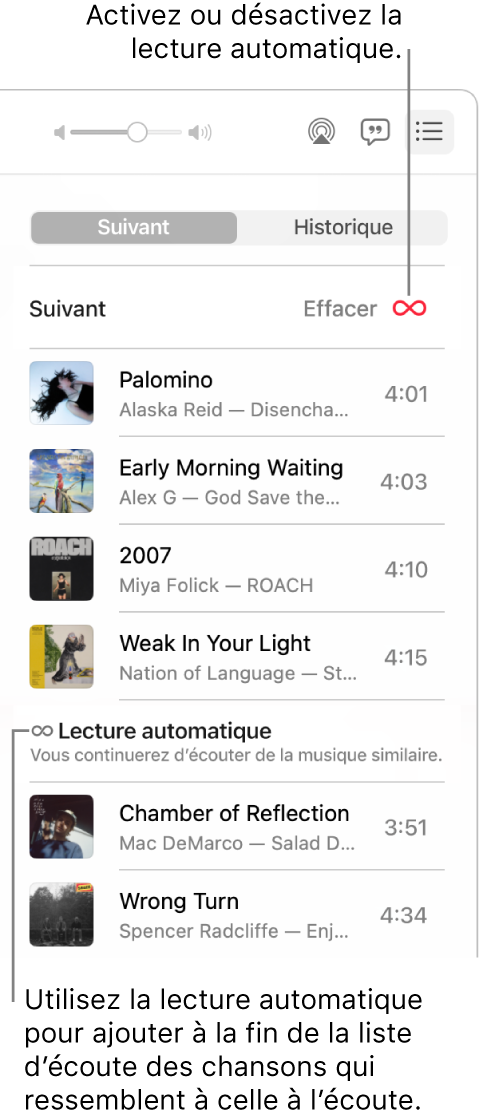 La liste d’écoute Suivant. Cliquez sur le bouton Lecture automatique pour l’activer ou la désactiver. Lorsque la lecture automatique est activée, des chansons similaires sont ajoutées à la fin de la liste d’écoute.