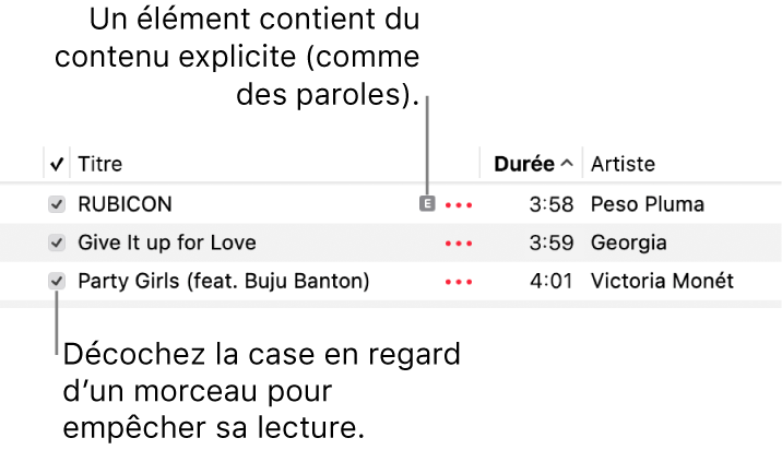 Détail de la liste des morceaux dans Musique, avec les cases et un symbole explicite pour le premier morceau indiquant qu’il contient du contenu explicite, comme ses paroles. Décochez la case en regard d’un morceau pour empêcher la lecture de ce dernier.