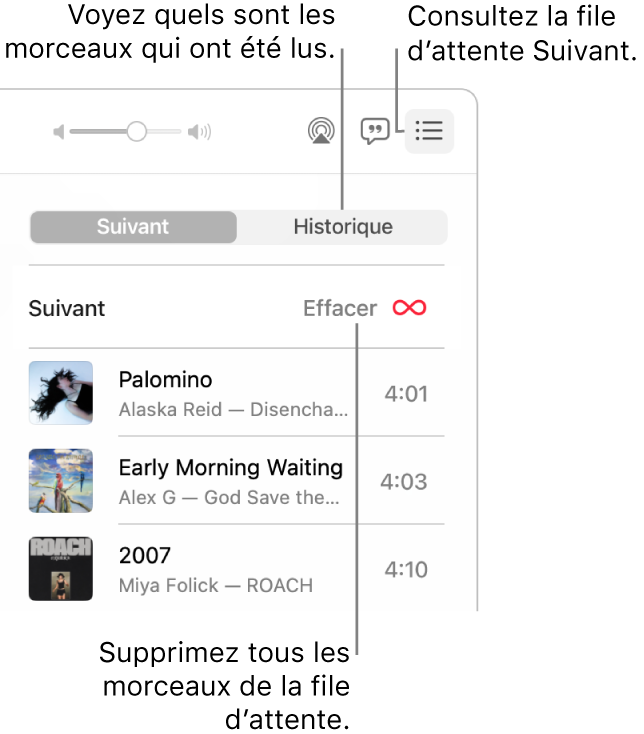 Le coin supérieur droit de la fenêtre Musique avec le bouton Suivant dans la bannière montrant la file d’attente Suivant. Cliquez sur le lien Historique pour consulter les morceaux déjà écoutés. Cliquez sur le lien Effacer pour supprimer tous les morceaux de la file d’attente.