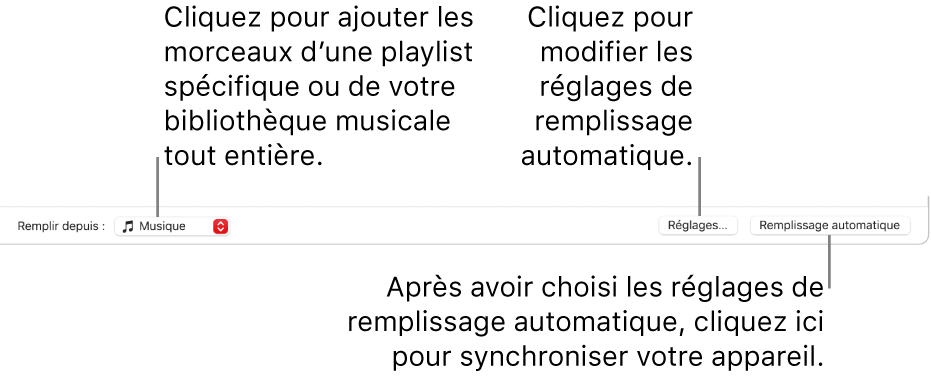 Les options de remplissage automatique sont situées en bas de la fenêtre Musique. À l’extrémité gauche se trouve le menu local Remplir depuis, qui vous permet de choisir d’ajouter des morceaux à partir d’une playlist ou de l’ensemble de votre bibliothèque. À l’extrémité droite se trouvent deux boutons : Réglages, pour modifier les différentes options du remplissage automatique, et Remplissage autom. Lorsque vous cliquez sur Remplissage autom., votre appareil est rempli avec les morceaux qui correspondent aux critères.