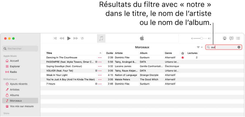 La fenêtre Apple Music affichant la liste des morceaux trouvés lorsque l’utilisateur saisit « love » dans le champ de recherche en haut à droite. Les morceaux de la liste incluent le terme « love » dans leur titre, le nom de l’artiste ou de l’album.