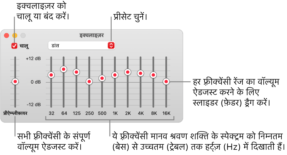 इक्वलाइजर विंडो: iTunes इक्वलाइजर को चालू करने के लिए चेकबॉक्स ऊपरी-बाएँ कोने पर है। इसके सामने इक्वलाइजर प्रीसेट वाला पॉप-अप मेनू है। अधिक बाईं ओर, प्रीऐम्प के साथ फ़्रीक्वेंसी के समग्र वॉल्यूम को समायोजित करें। इक्वलाइजर प्रीसेट के नीचे, विभिन्न फ़्रीक्वेंसी रेंज के साउंड लेवल को समायोजित करें, जो निम्नतम से उच्चतम मानव श्रवण स्पेक्ट्रम को निरूपित करते हैं।