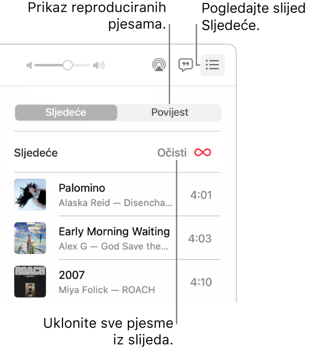 Gornji desni kut prozora aplikacije Glazba s tipkom Sljedeće na natpisu pokazuje red Sljedeće. Kliknite link Povijest za prikaz popisa prethodno reproduciranih pjesama. Kliknite link Očisti za uklanjanje svih pjesama iz redoslijeda.