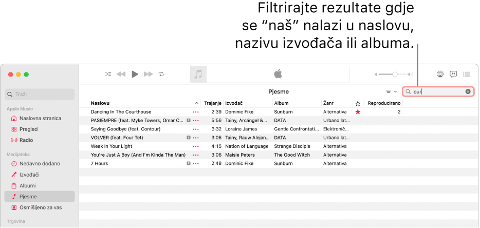 Prozor usluge Apple Music s prikazom popisa pjesama koje se pojavljuju kad se riječ “ljubav” unosi u polje filtra u gornjem desnom kutu. Pjesme na popisu uključuju riječ "ljubav" u njihovom naslovu, izvođaču ili nazivu albuma.