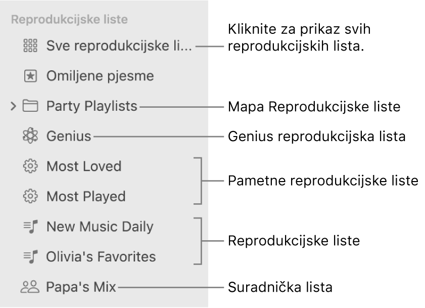 Rubni stupac aplikacije Glazba prikazuje razne vrste reprodukcijskih lista: Omiljene pjesme, Genius, Smart i reprodukcijske liste. Kliknite Sve reprodukcijske liste kako biste vidjeli sve.