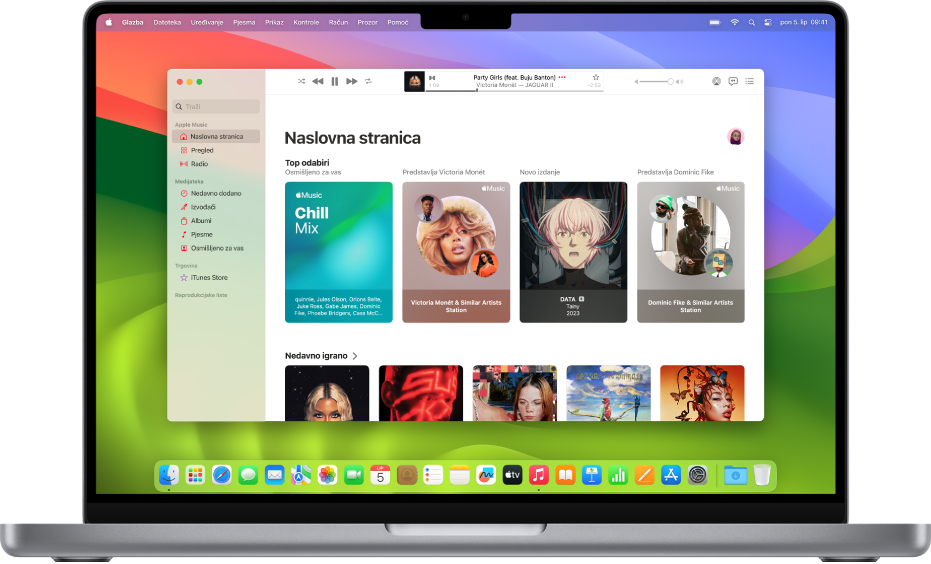 Prozor usluge Apple Music s prikazom zaslona Naslovna stranica.