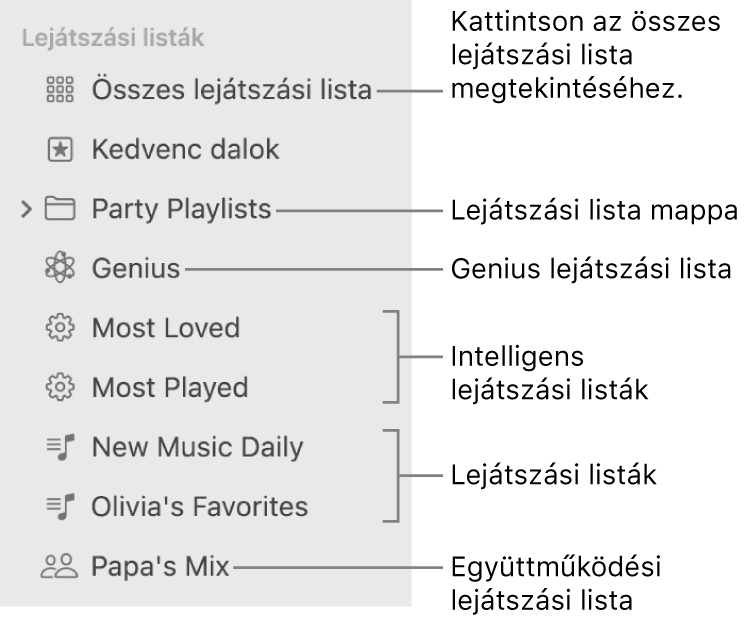 A Zene oldalsávon különböző típusú lejátszási listák láthatók: Kedvenc dalok, Genius, Intelligens és lejátszási listák. Az összes lejátszási lista megtekintéséhez kattintson az Összes lejátszási lista elemre.