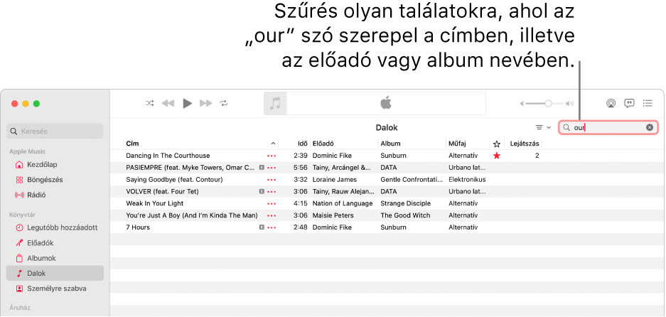 Az Apple Music ablaka, amelyben azok a dalok láthatók, amelyek akkor jelennek meg, amikor a „love” szót beírják a keresőmezőbe a jobb felső sarokban. A listában található dalok címében, előadója nevében vagy albuma címében megtalálható a „love” szó.